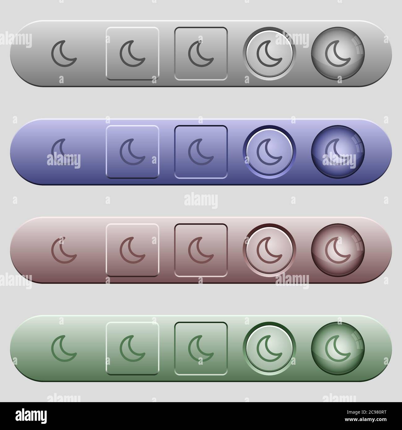 Moon shape icons on rounded horizontal menu bars in different colors and button styles Stock Vector