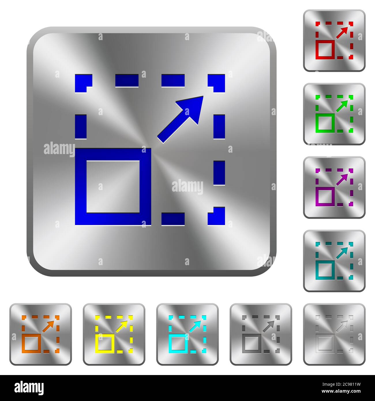 Maximize element engraved icons on rounded square glossy steel buttons Stock Vector