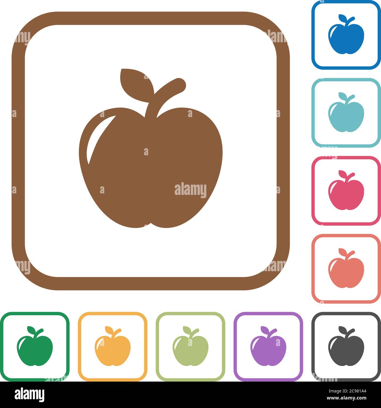 Apple simple icons in color rounded square frames on white background Stock Vector