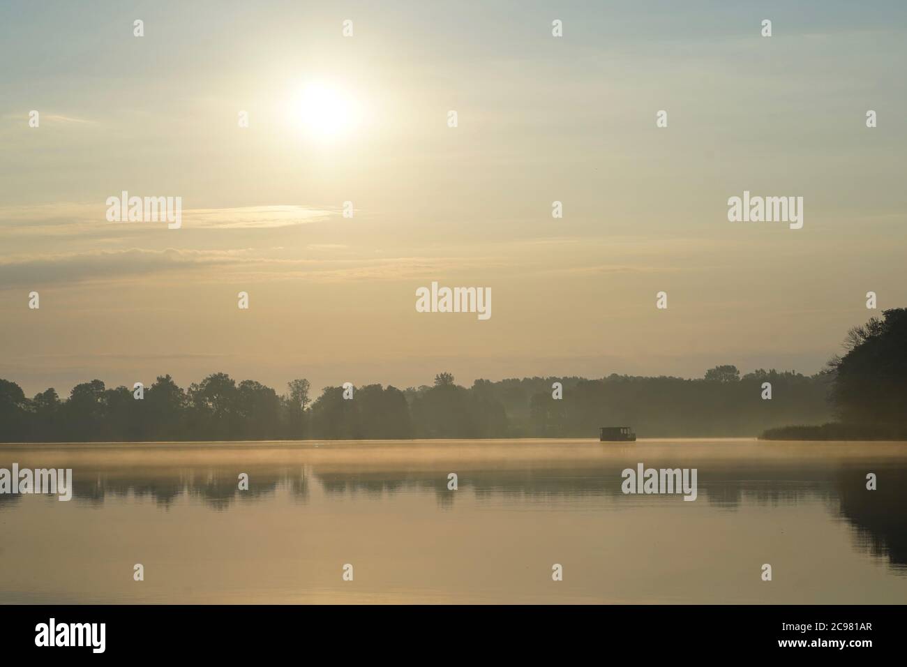 Morning fog at lake Paelitzsee, Mecklenburg lake district. Stock Photo