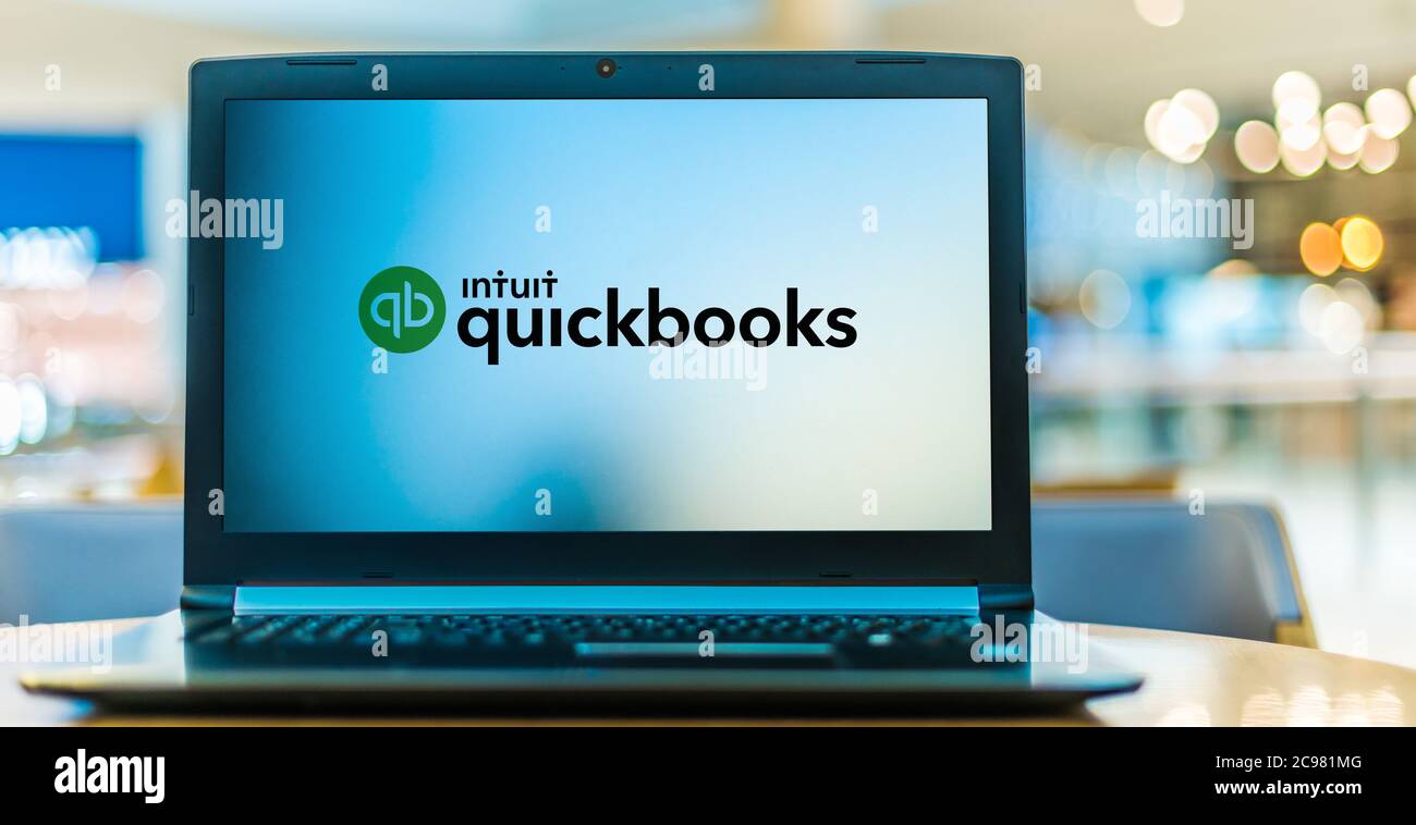 POZNAN, POL - JUN 16, 2020: Laptop computer displaying logo of QuickBooks, an accounting software package developed and marketed by Intuit Stock Photo