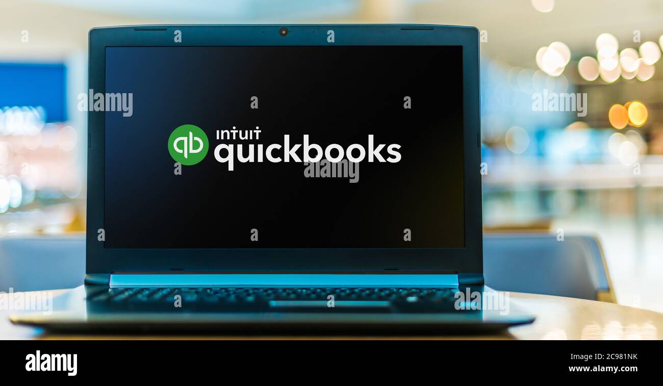 POZNAN, POL - JUN 16, 2020: Laptop computer displaying logo of QuickBooks, an accounting software package developed and marketed by Intuit Stock Photo
