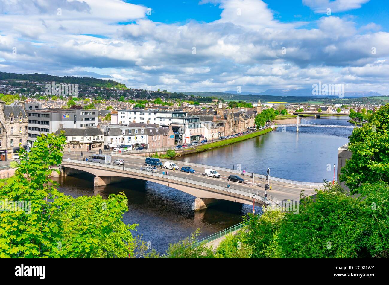 River Ness in Inverness Scotland and road bridge with Young Street viewed from Inverness Castle grounds Stock Photo