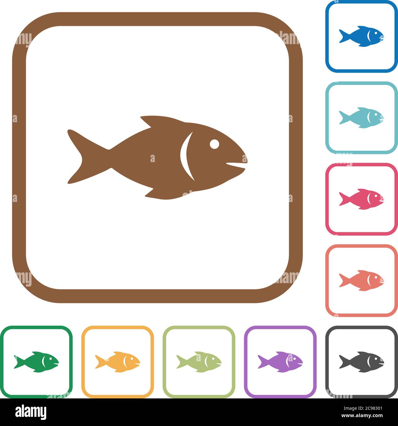 Fish simple icons in color rounded square frames on white background Stock Vector