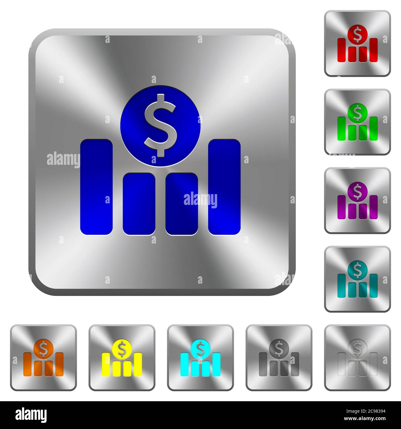 Dollar financial graph engraved icons on rounded square glossy steel ...