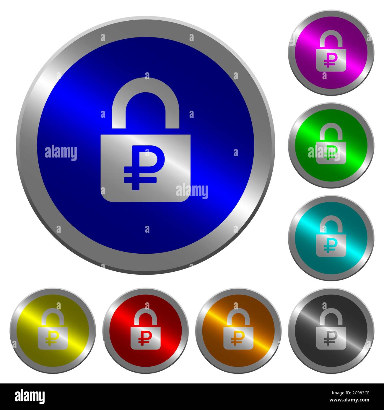 Locked Rubles icons on round luminous coin-like color steel buttons ...