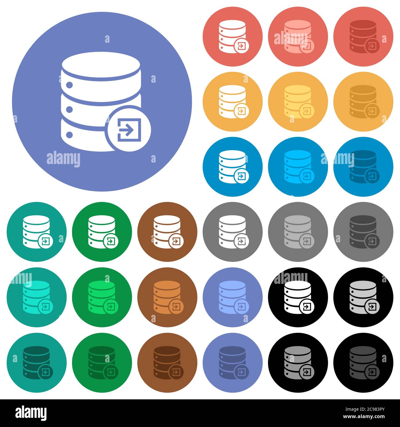 Import database multi colored flat icons on round backgrounds. Included white, light and dark icon variations for hover and active status effects, and Stock Vector
