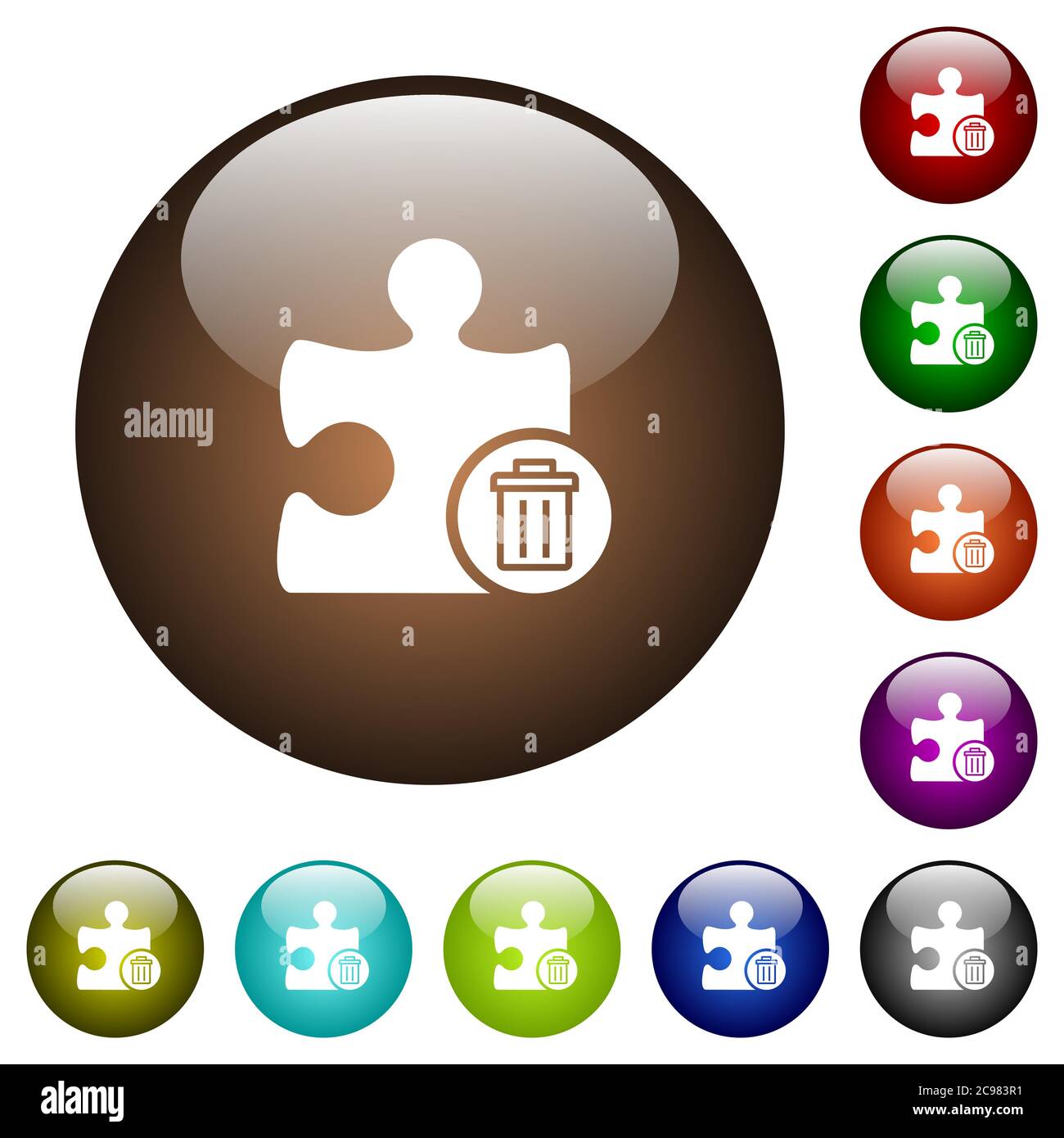 Delete plugin white icons on round color glass buttons Stock Vector