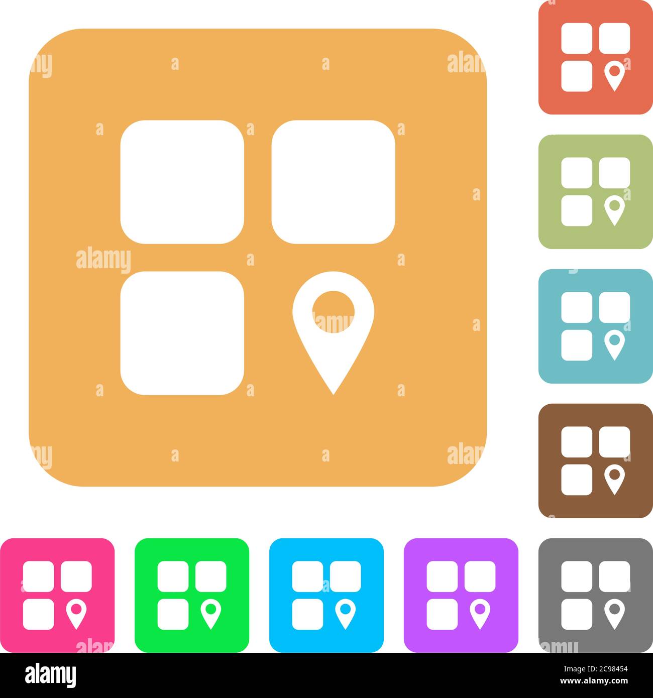 Component location flat icons on rounded square vivid color backgrounds. Stock Vector