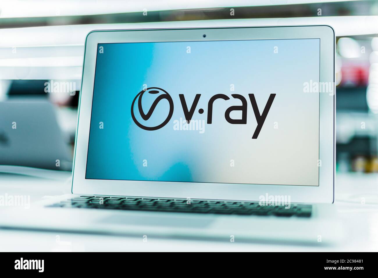 POZNAN, POL - JUN 16, 2020: Laptop computer displaying logo of V-Ray a biased computer-generated imagery rendering software application developed by B Stock Photo
