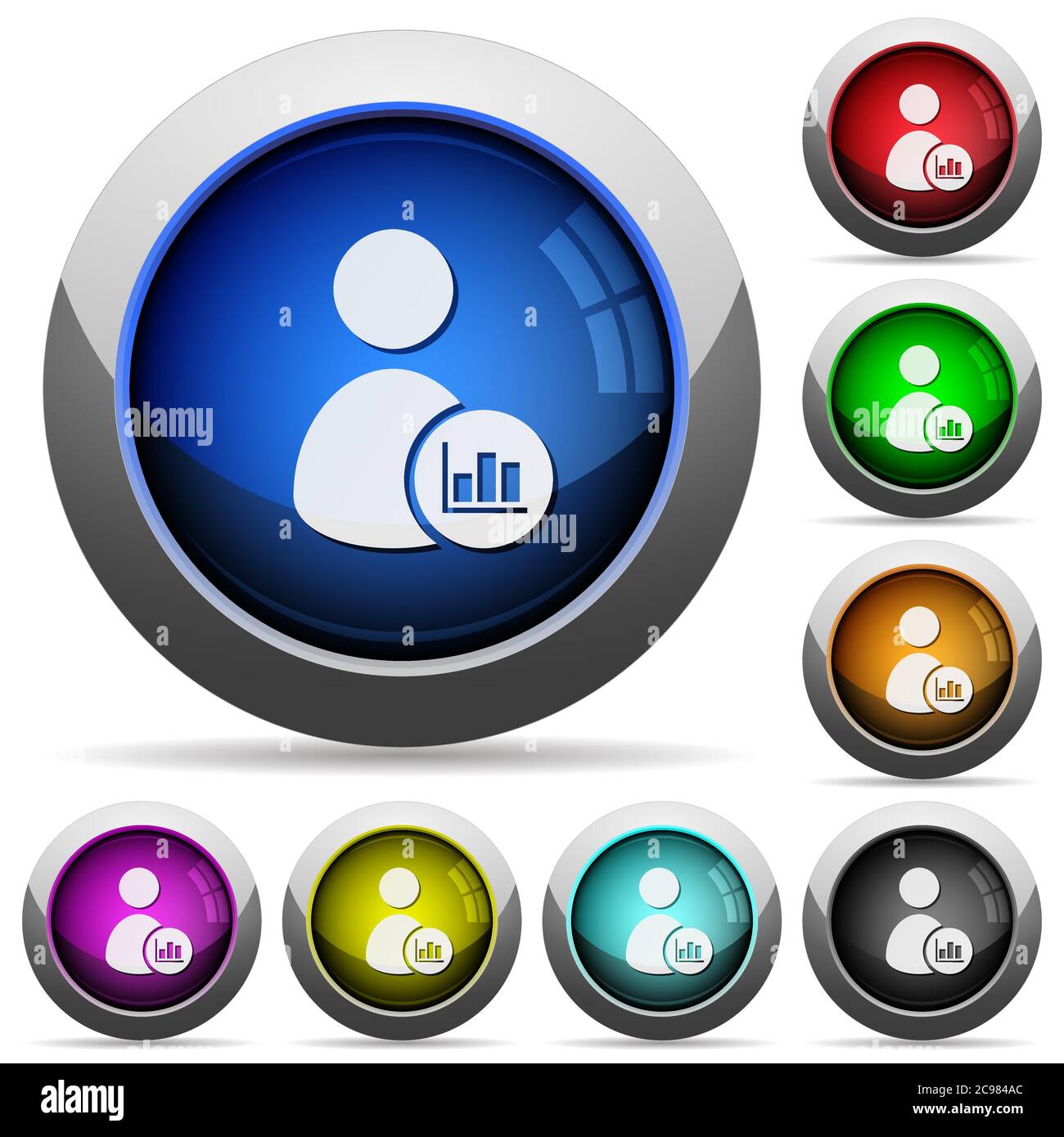 User account statistics icons in round glossy buttons with steel frames ...
