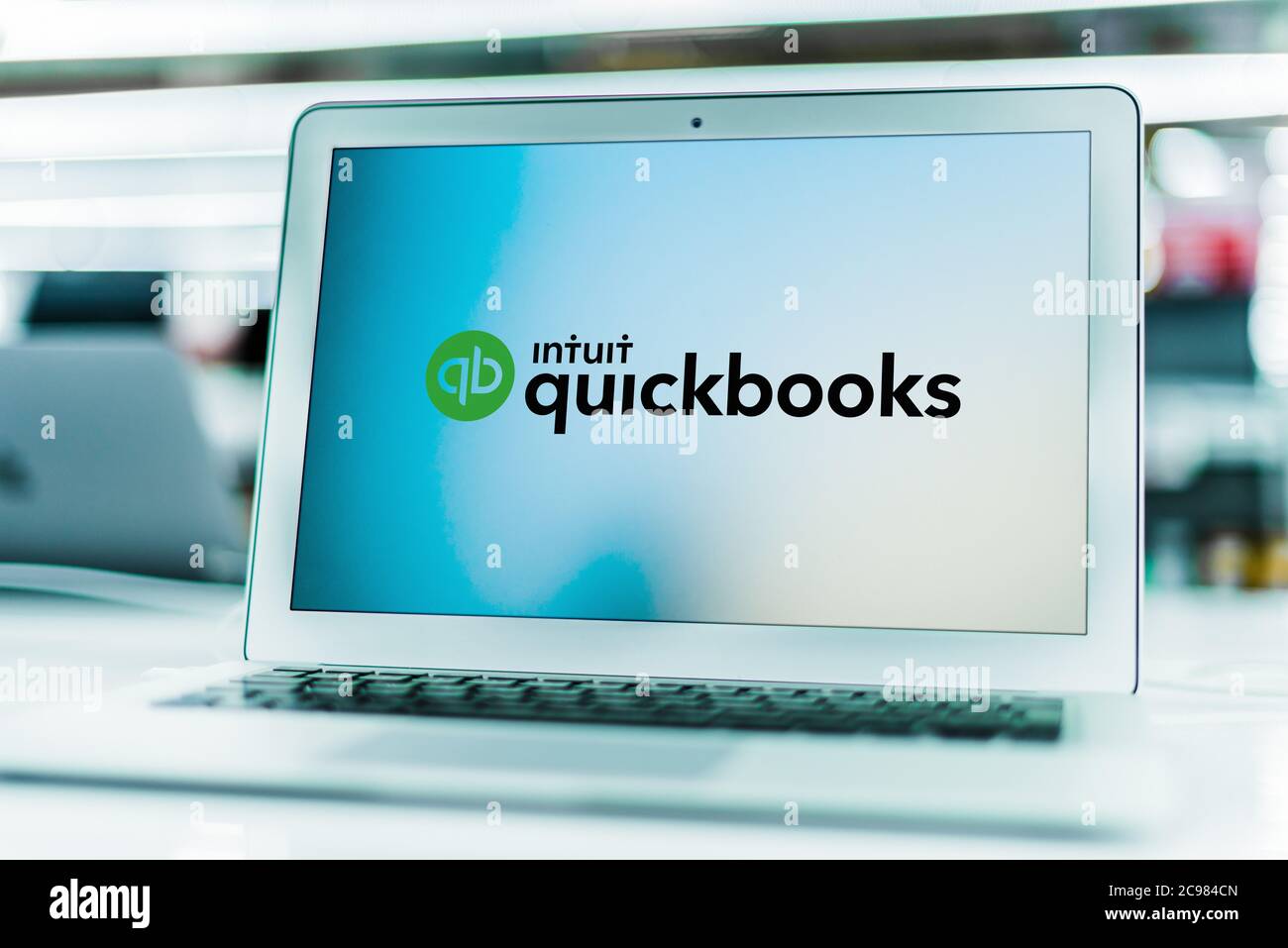 POZNAN, POL - JUN 16, 2020: Laptop computer displaying logo of QuickBooks, an accounting software package developed and marketed by Intuit Stock Photo
