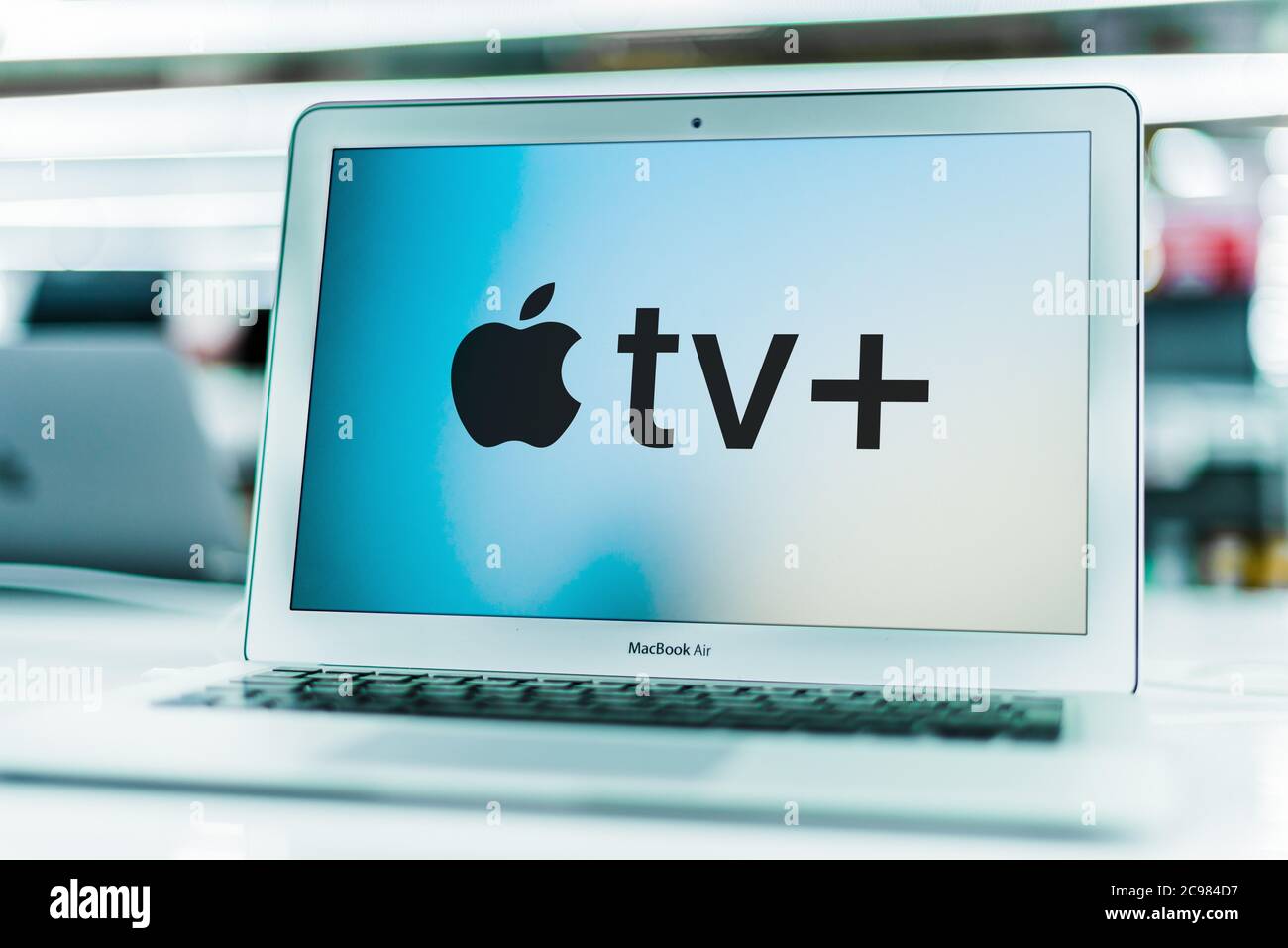 POZNAN, POL - JUN 16, 2020 Laptop computer displaying logo of Apple TV+, an ad-free subscription video on demand web television service of Apple Inc Stock Photo