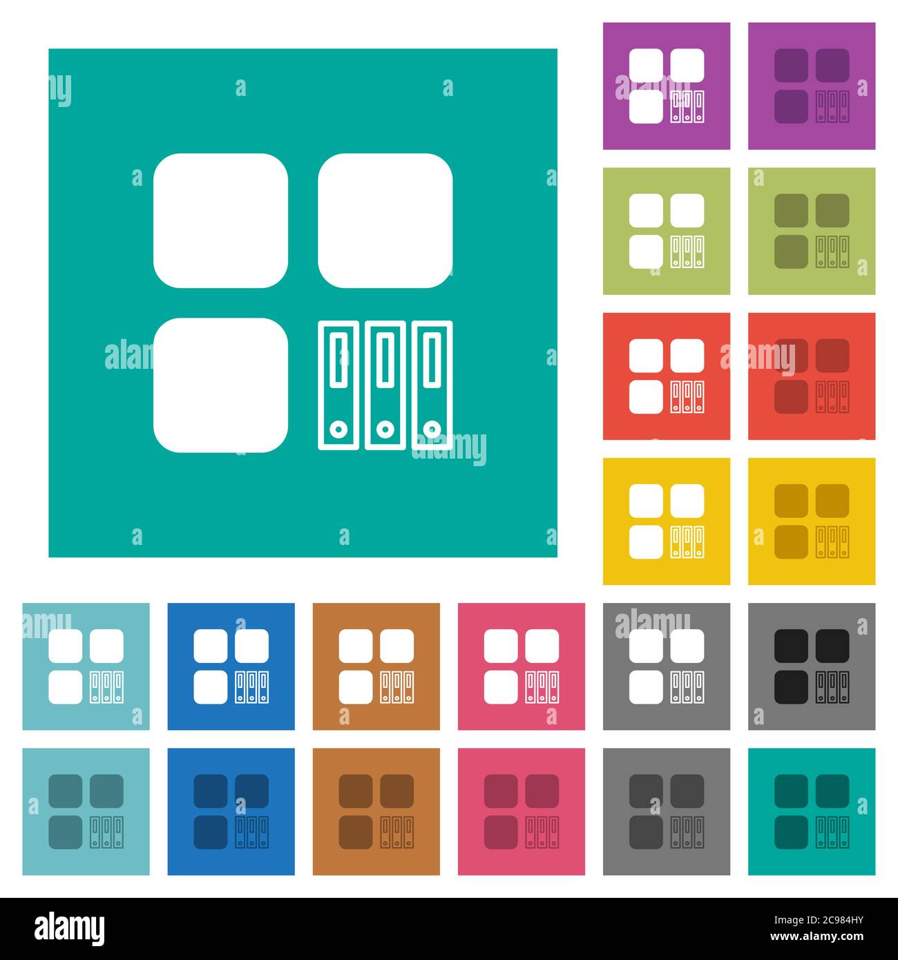 Archive component multi colored flat icons on plain square backgrounds. Included white and darker icon variations for hover or active effects. Stock Vector