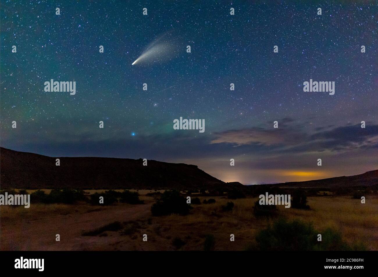 Comet Neowise in starry sky above desert, near Moab Utah, USA Stock