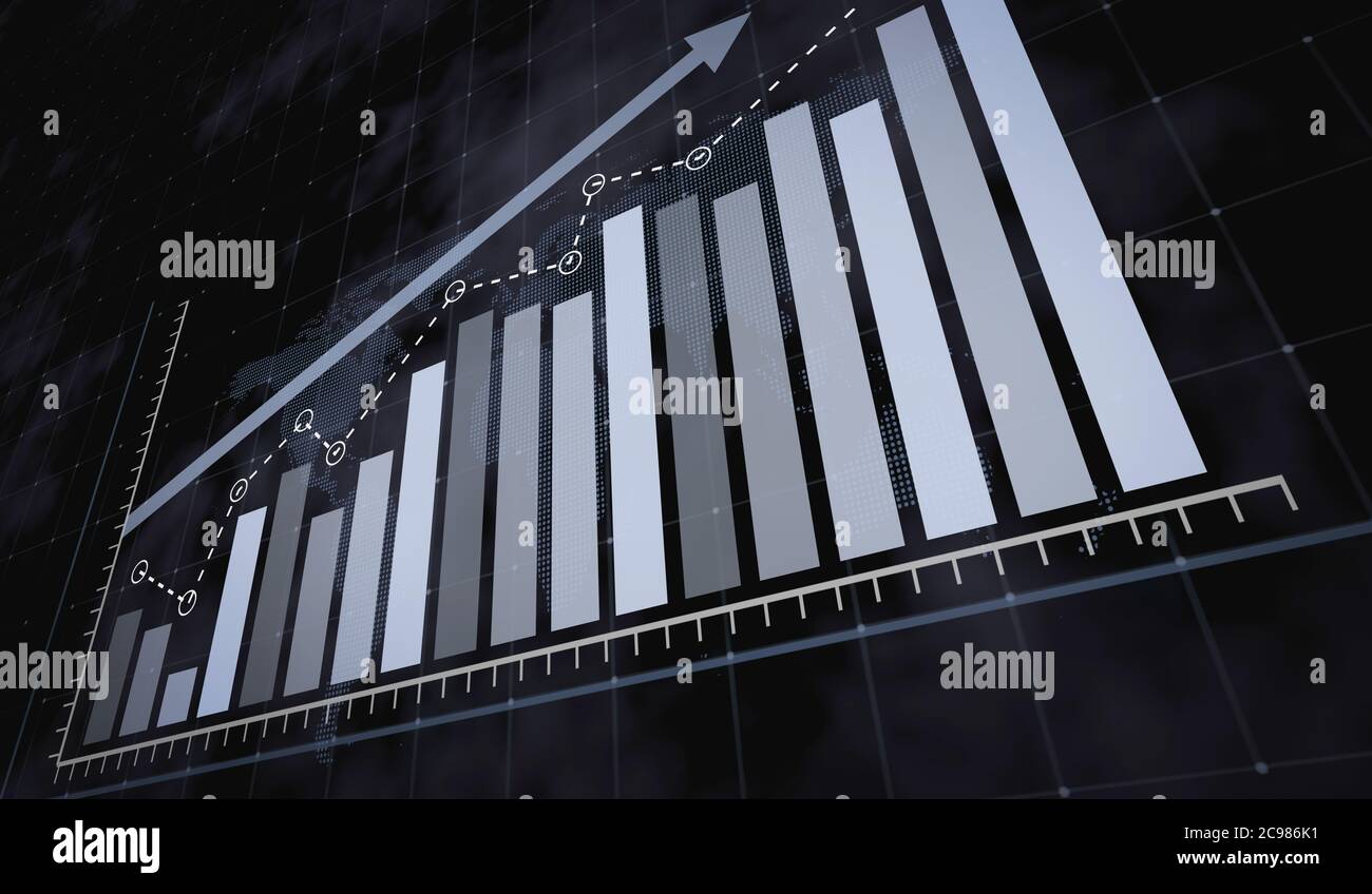 Rising blue bar graph following the arrow on a background of a dotted ...