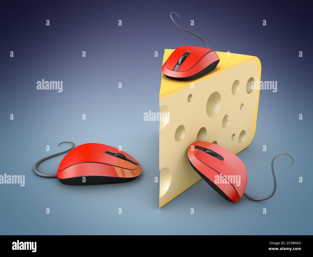 Three red computer mice and a piece of cheese. 3d render. Stock Photo
