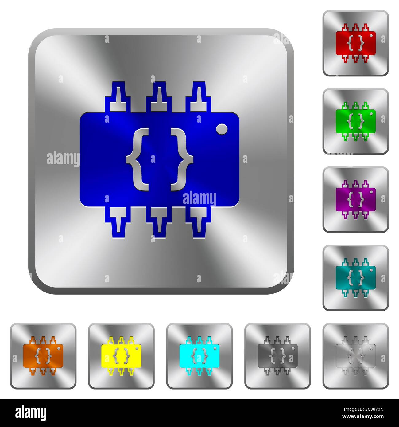 Hardware programming engraved icons on rounded square glossy steel buttons Stock Vector