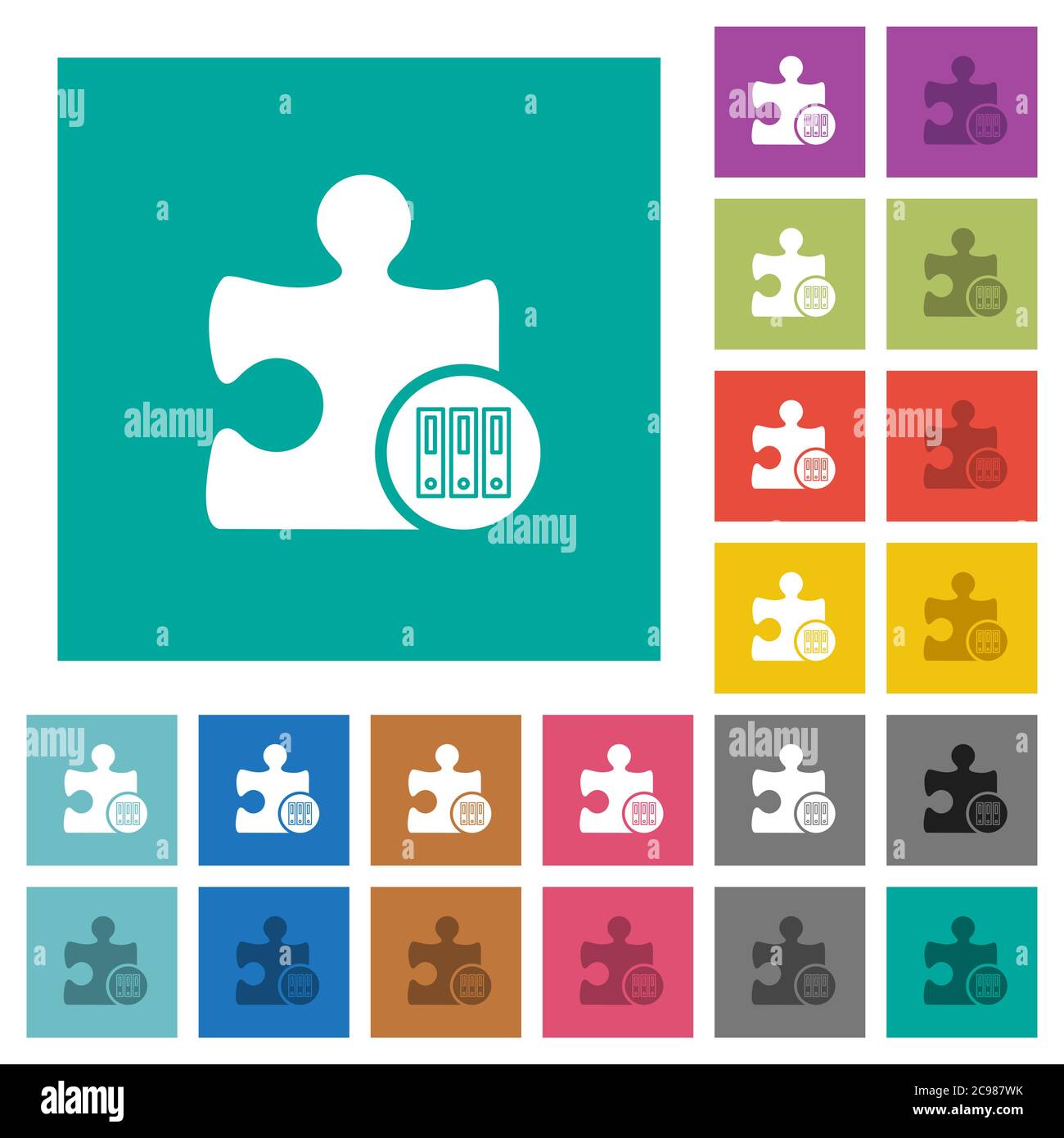 Organize plugin multi colored flat icons on plain square backgrounds. Included white and darker icon variations for hover or active effects. Stock Vector