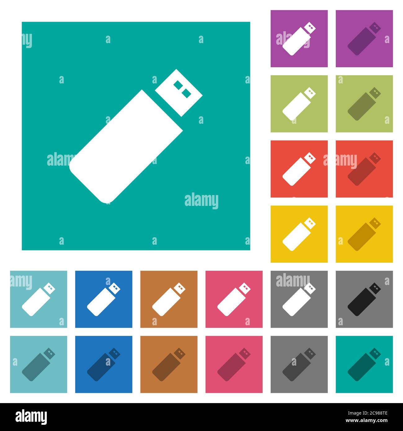 Pendrive multi colored flat icons on plain square backgrounds. Included white and darker icon variations for hover or active effects. Stock Vector