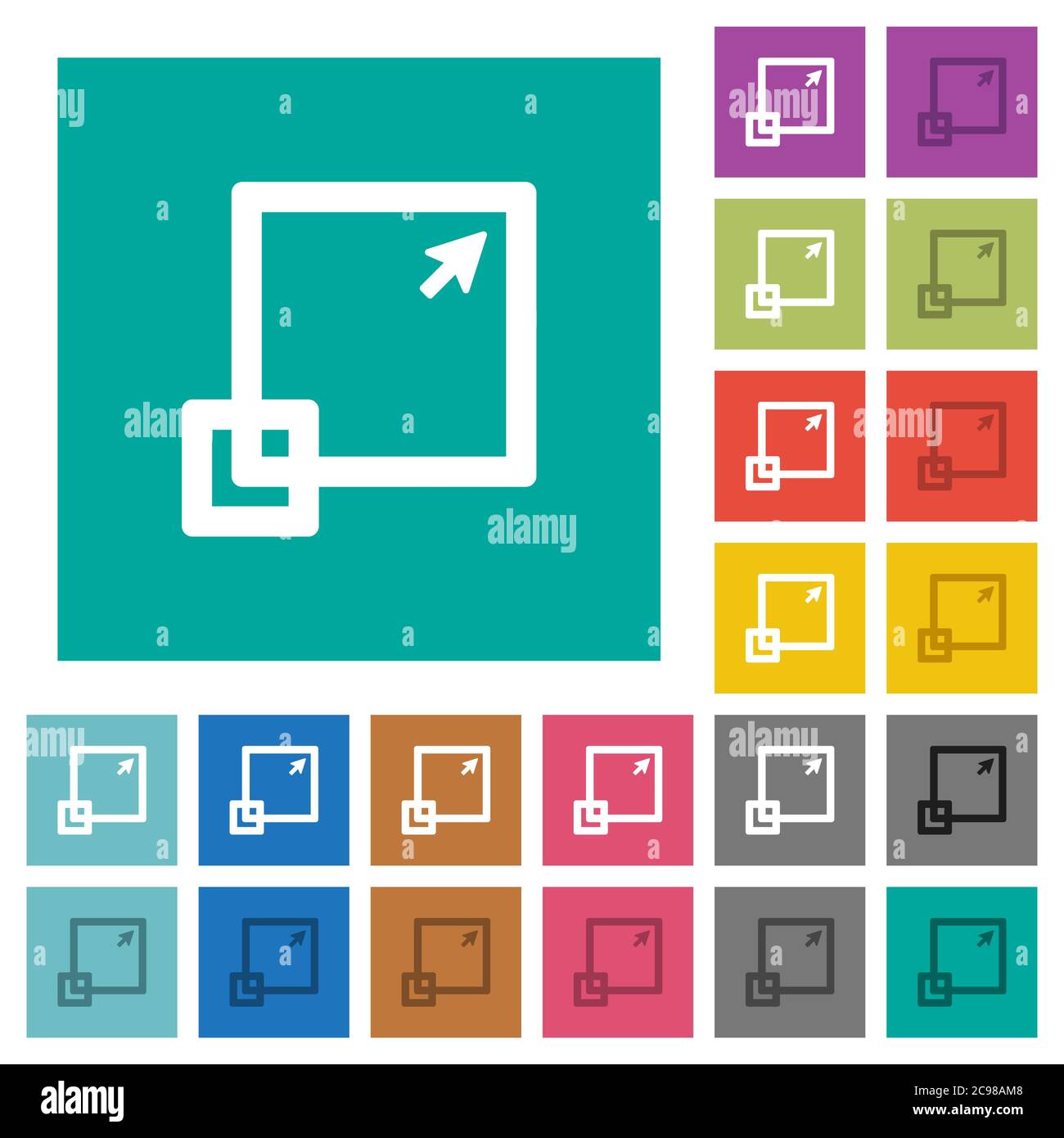 Maximize window multi colored flat icons on plain square backgrounds. Included white and darker icon variations for hover or active effects. Stock Vector