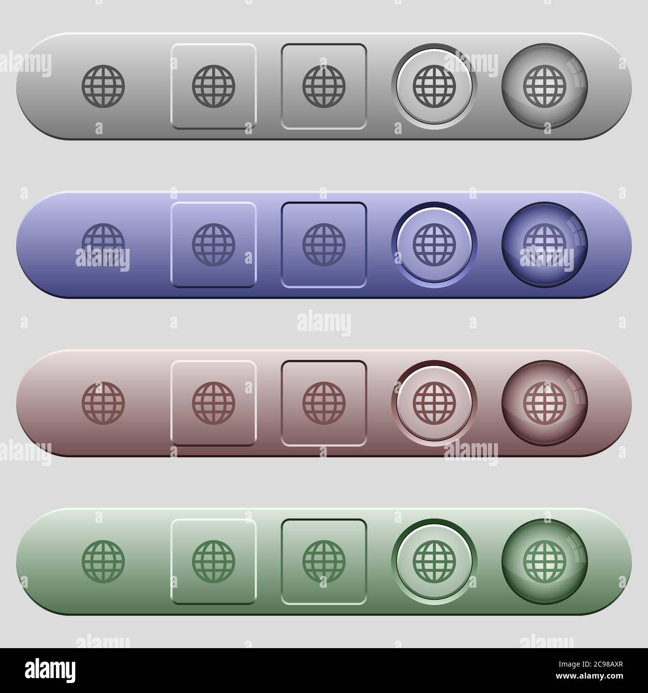 Globe icons on rounded horizontal menu bars in different colors and button styles Stock Vector