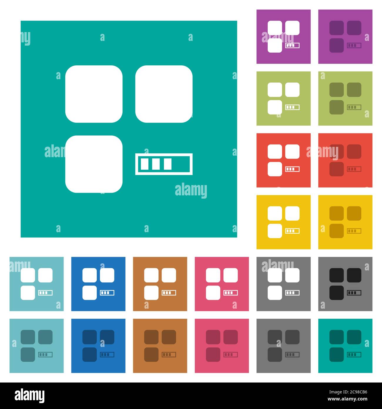Component processing multi colored flat icons on plain square backgrounds. Included white and darker icon variations for hover or active effects. Stock Vector