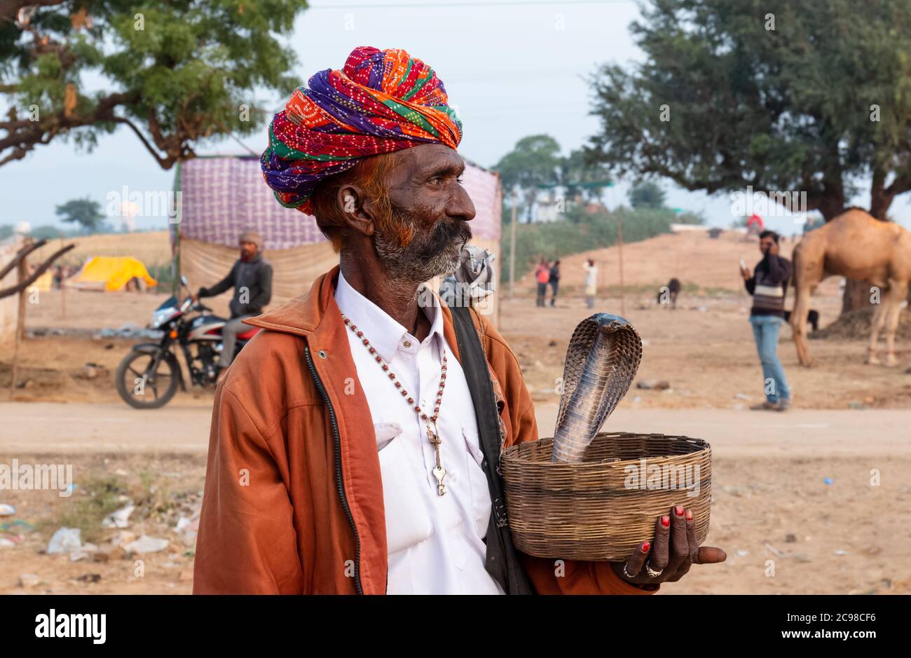 A Portrait of an Indian snake charmers with indian cobra snake at the Pushkar performing to entertain tourists at Pushkar camel fair. Stock Photo