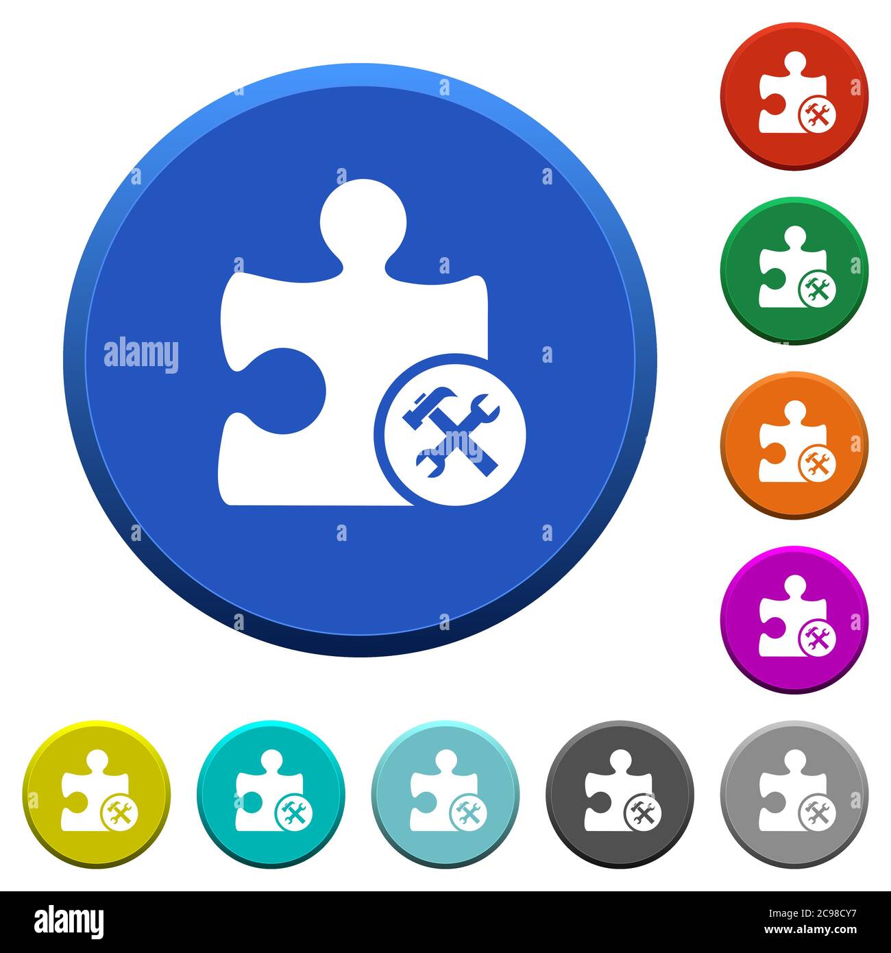 Plugin tools round color beveled buttons with smooth surfaces and flat white icons Stock Vector