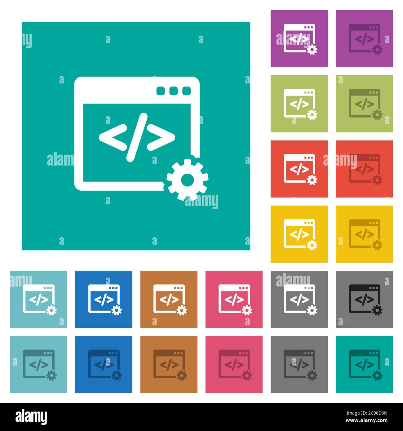 Web development multi colored flat icons on plain square backgrounds. Included white and darker icon variations for hover or active effects. Stock Vector