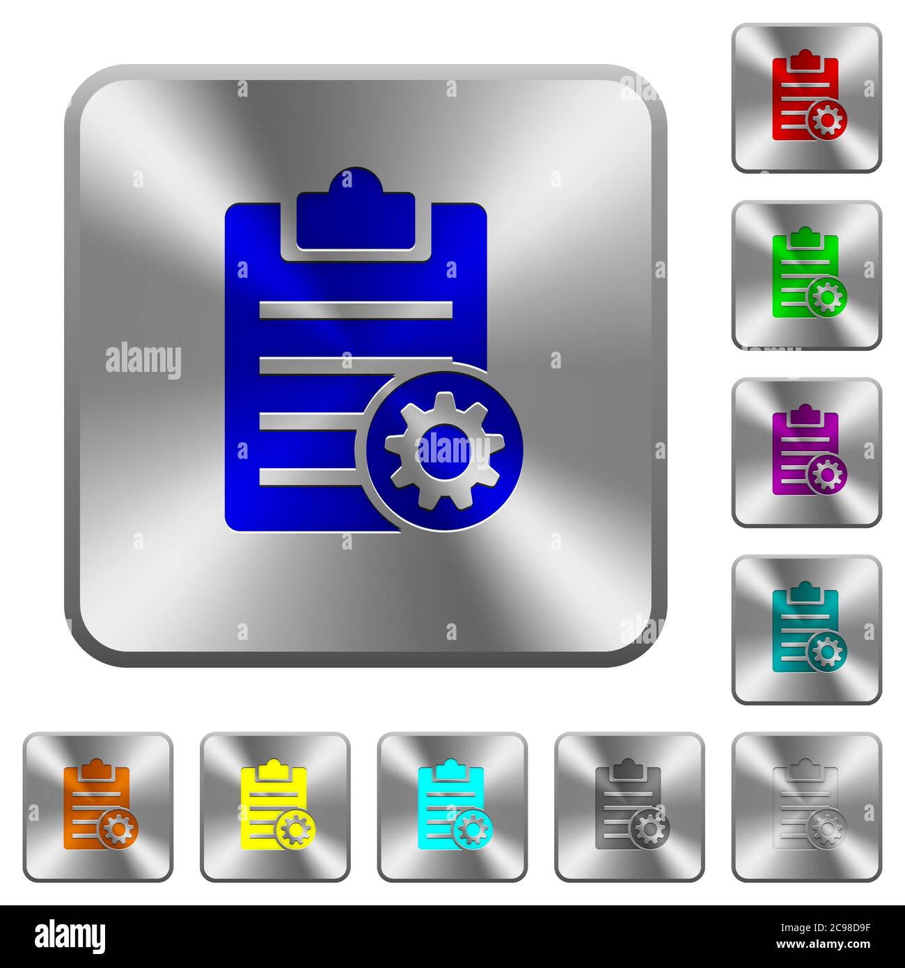 Note settings engraved icons on rounded square glossy steel buttons Stock Vector