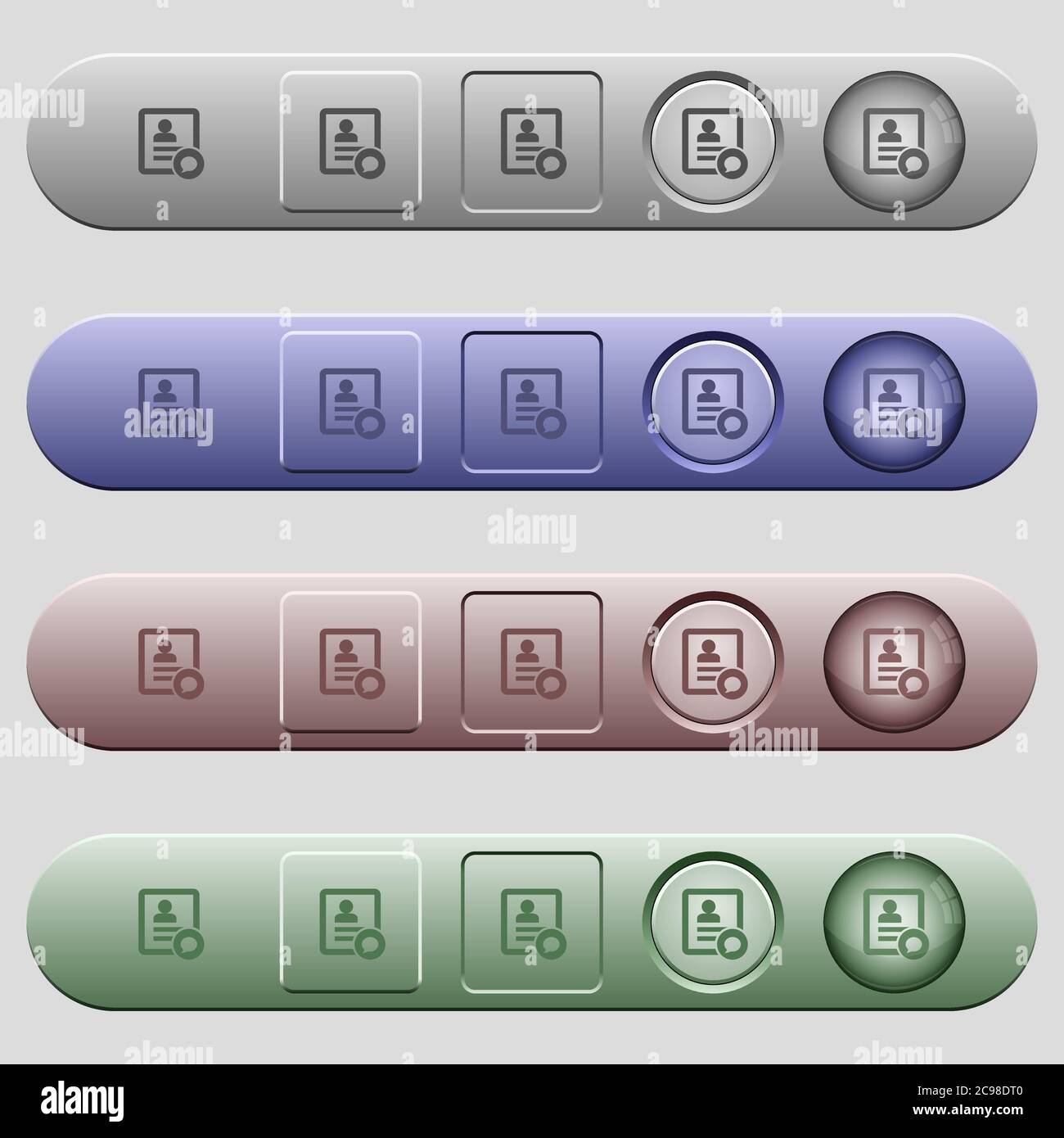 Send message to contact person icons on rounded horizontal menu bars in different colors and button styles Stock Vector