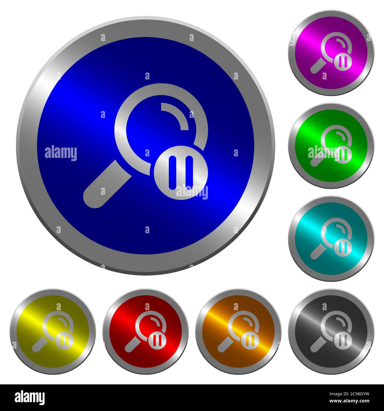 Pause search icons on round luminous coin-like color steel buttons Stock Vector