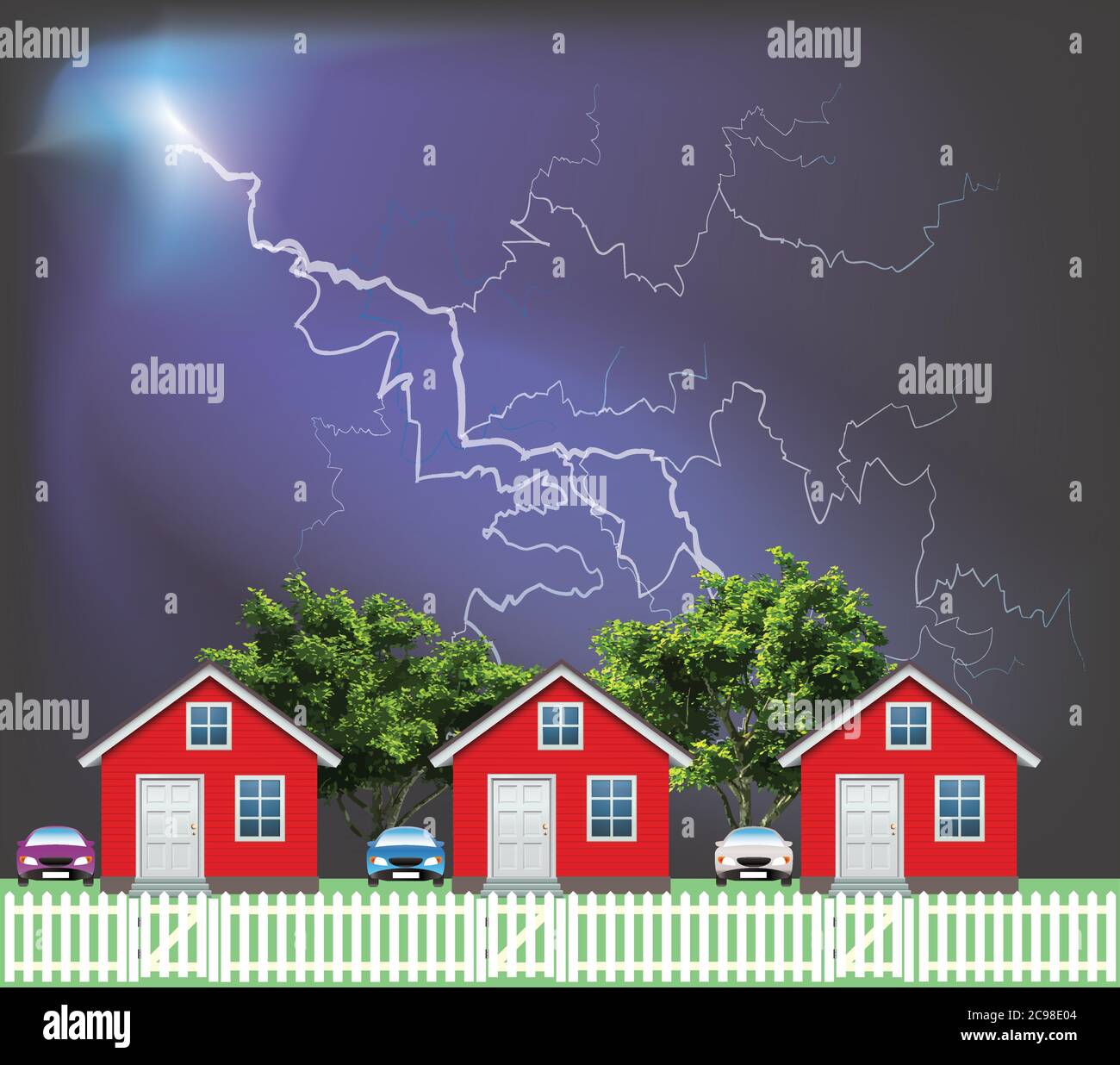 Row of detached residential houses on a suburb street with white picket fence and gate set against a stunning lightning storm sky Stock Vector