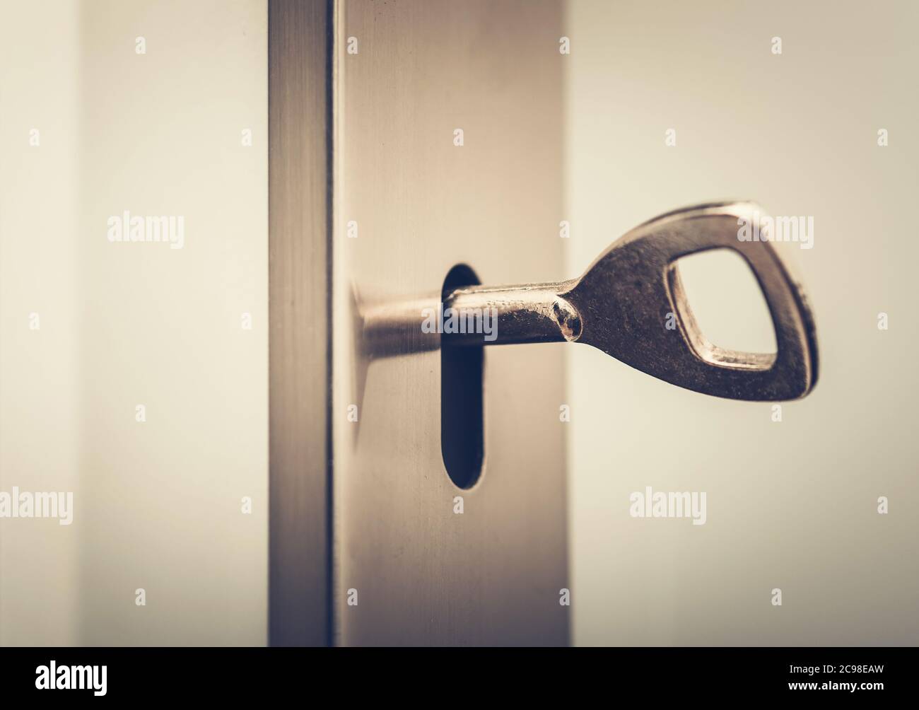 Residential Door Lock with Metal Key Inside Close Up. Real Estate Industry Concept Stock Photo