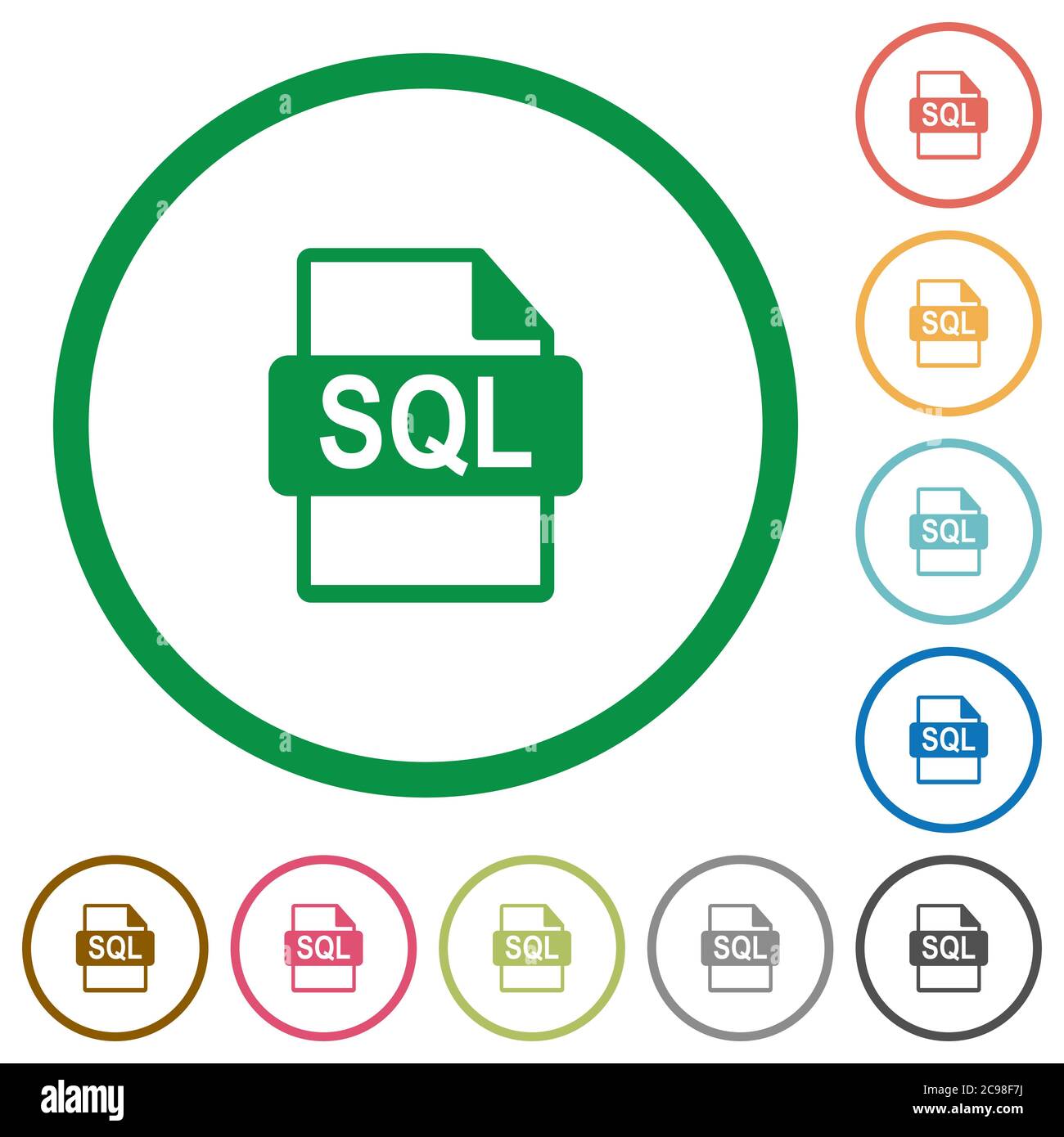 SQL file format flat color icons in round outlines on white background ...