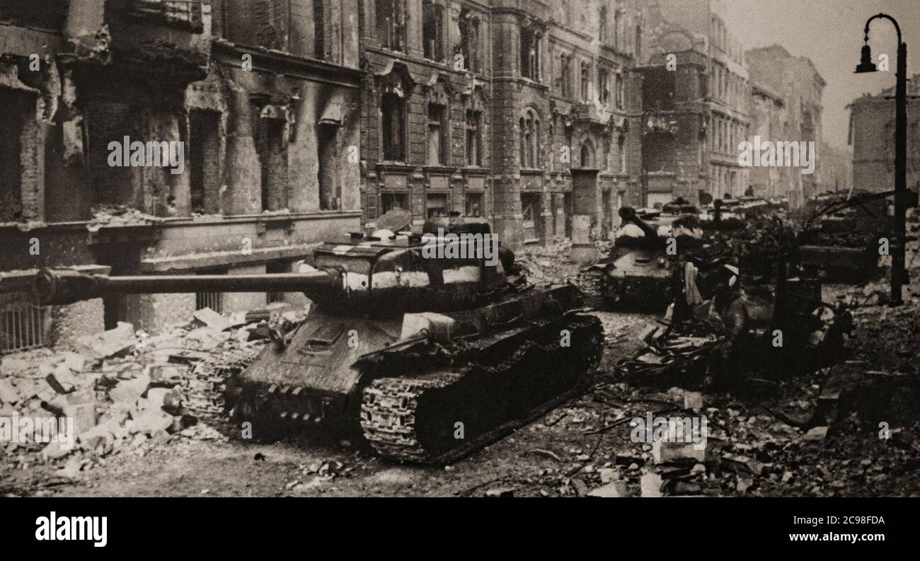 Soviet tanks in Berlin during the final battle from 19th April to 2nd May 1945 when Germany officially surrendered marking the end of World War Two in Europe. Stock Photo