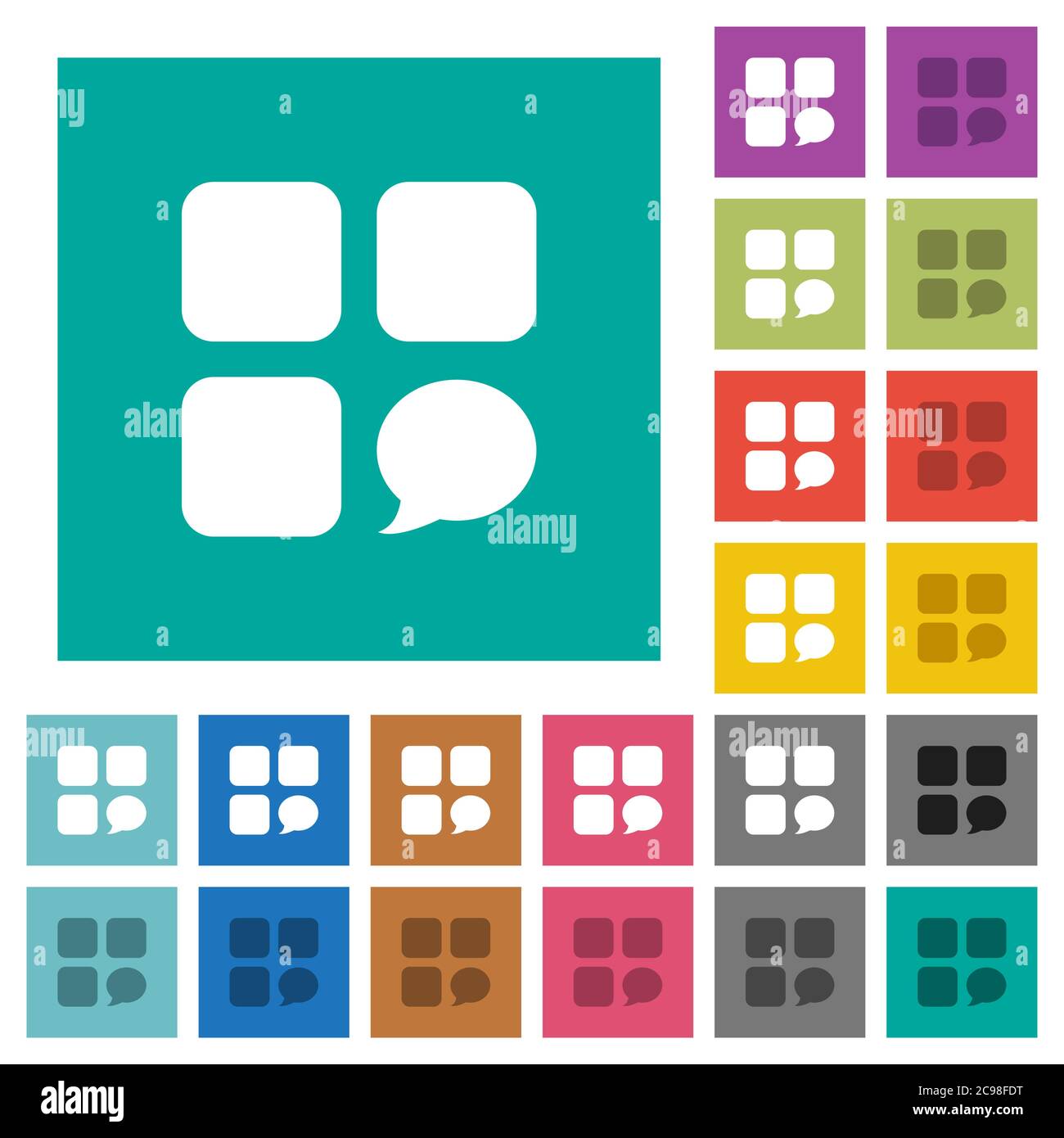 Message component multi colored flat icons on plain square backgrounds. Included white and darker icon variations for hover or active effects. Stock Vector