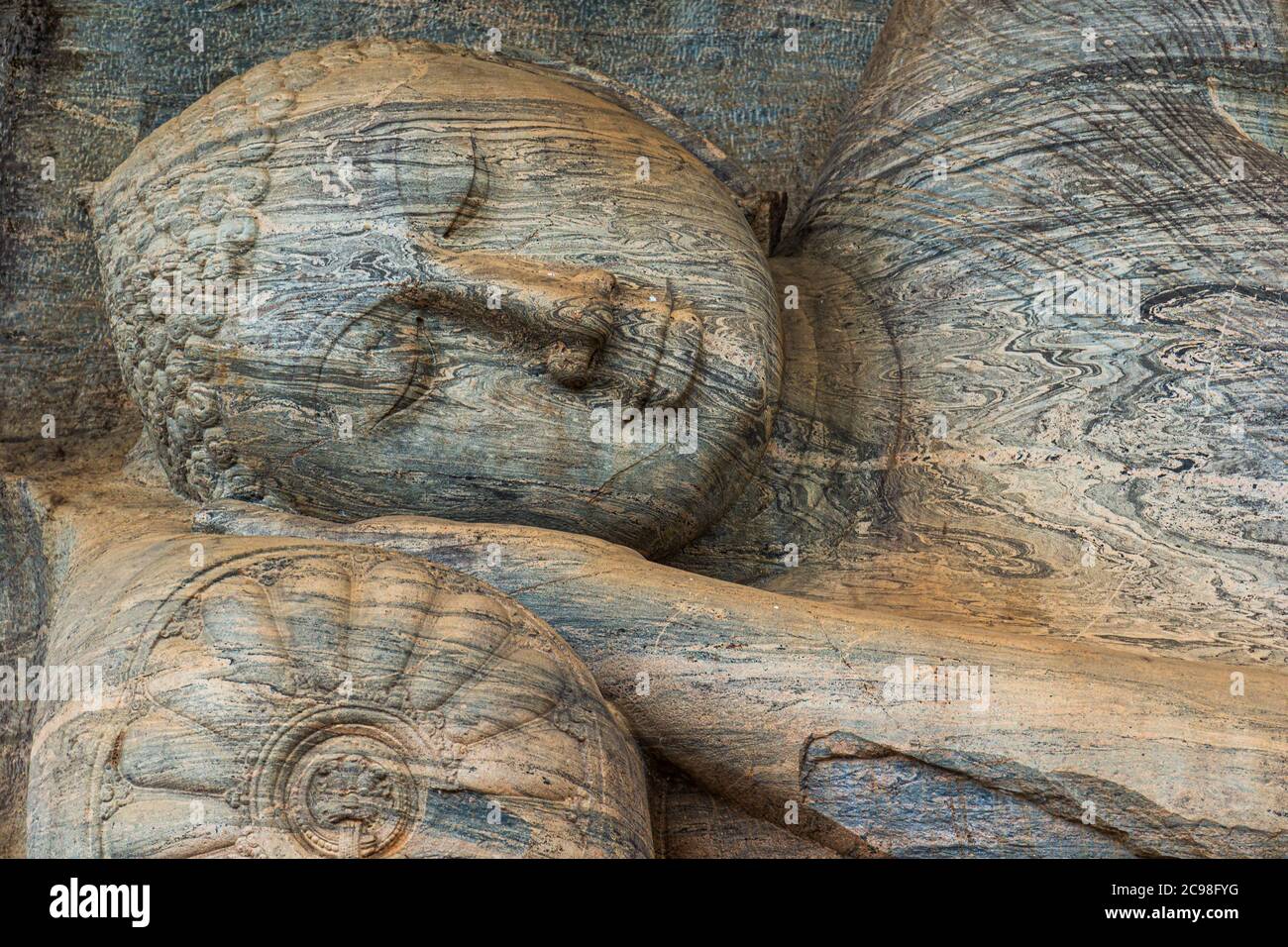 Reclining Buddha at Gal Viharaya temple in Polonnawura - Sri Lanka Stock Photo