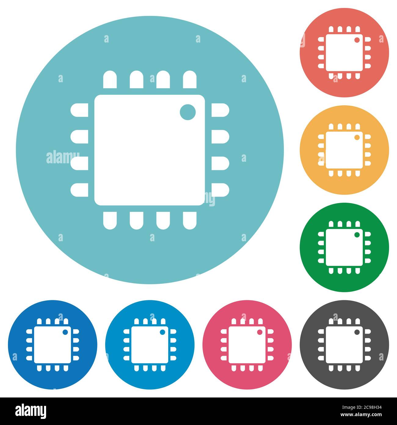 Computer processor flat white icons on round color backgrounds Stock Vector