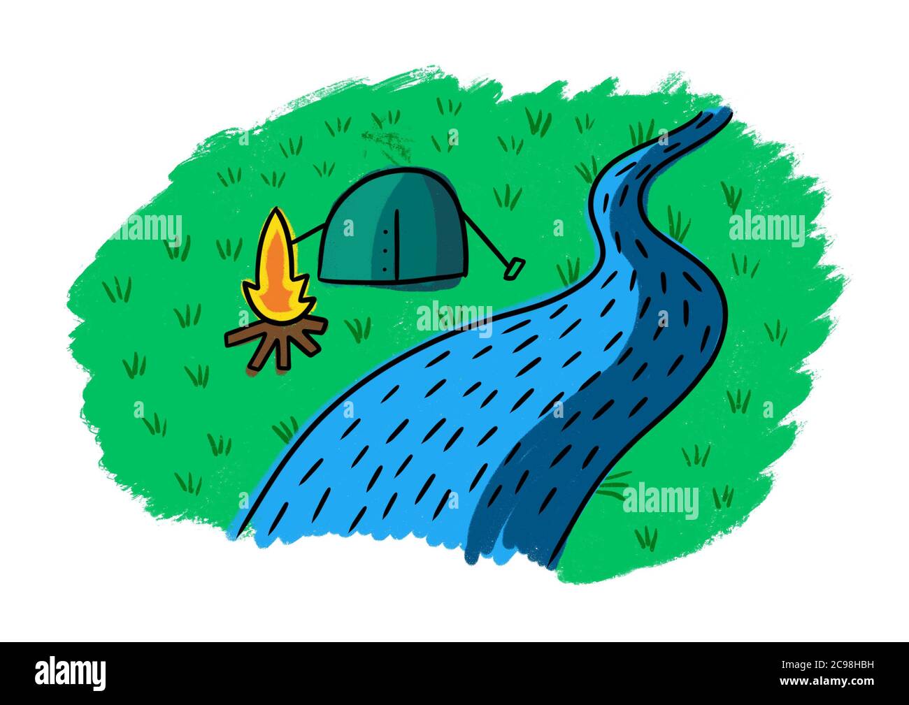 Simple illustration of camping place by river with fire and tent. Stock Photo