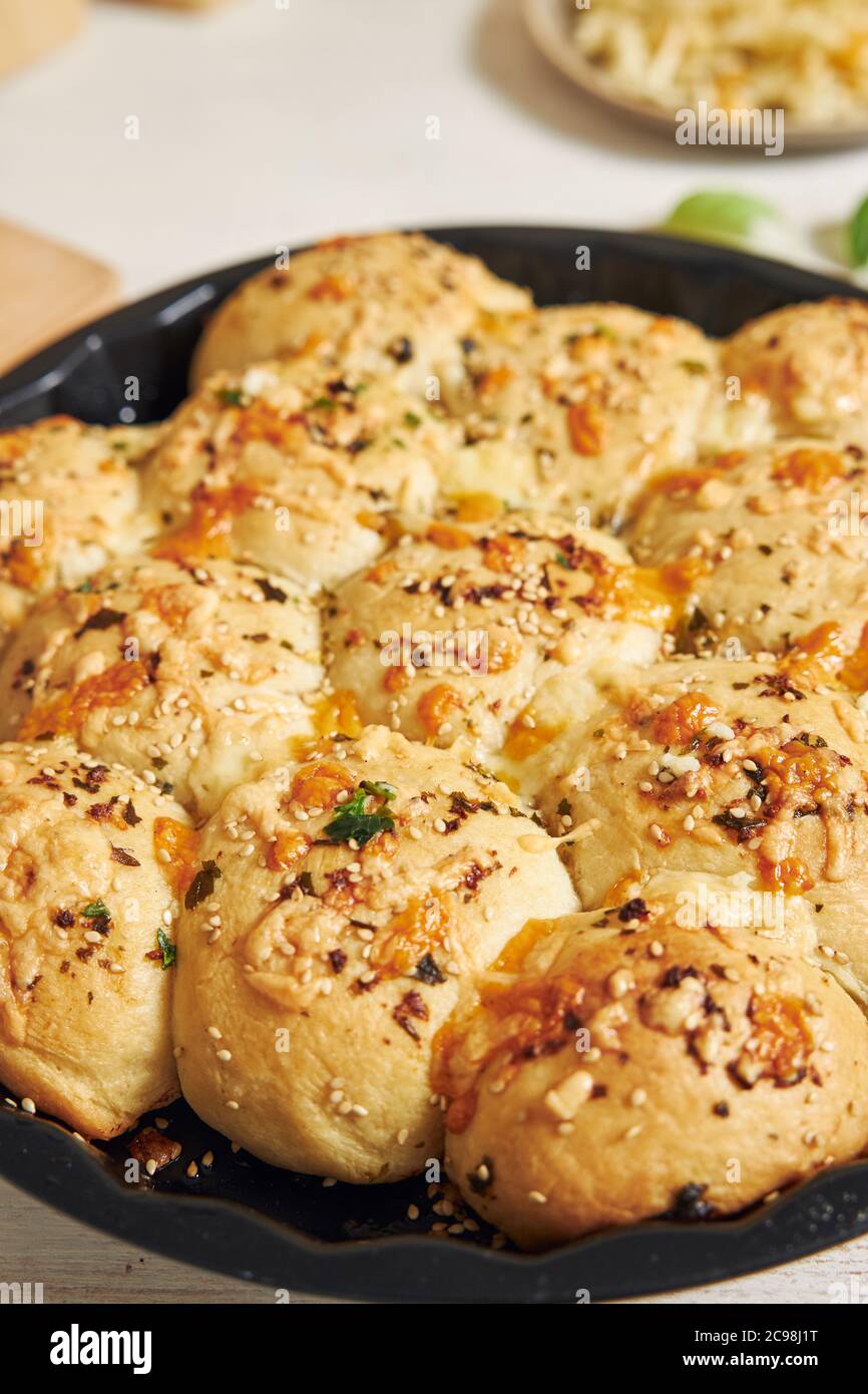 Freshlymade delicious cheese bubble pizza bread with ingredients and