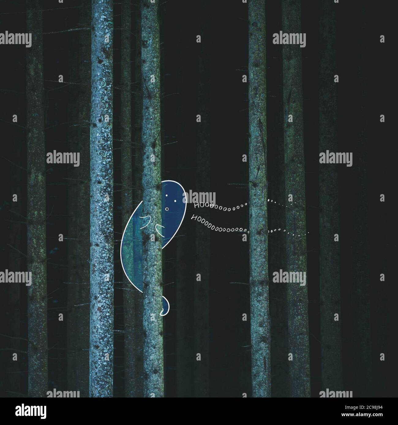 The cute Ghost hiding behind the tree. Ghost in dark wood. Illustration in photography. Stock Photo