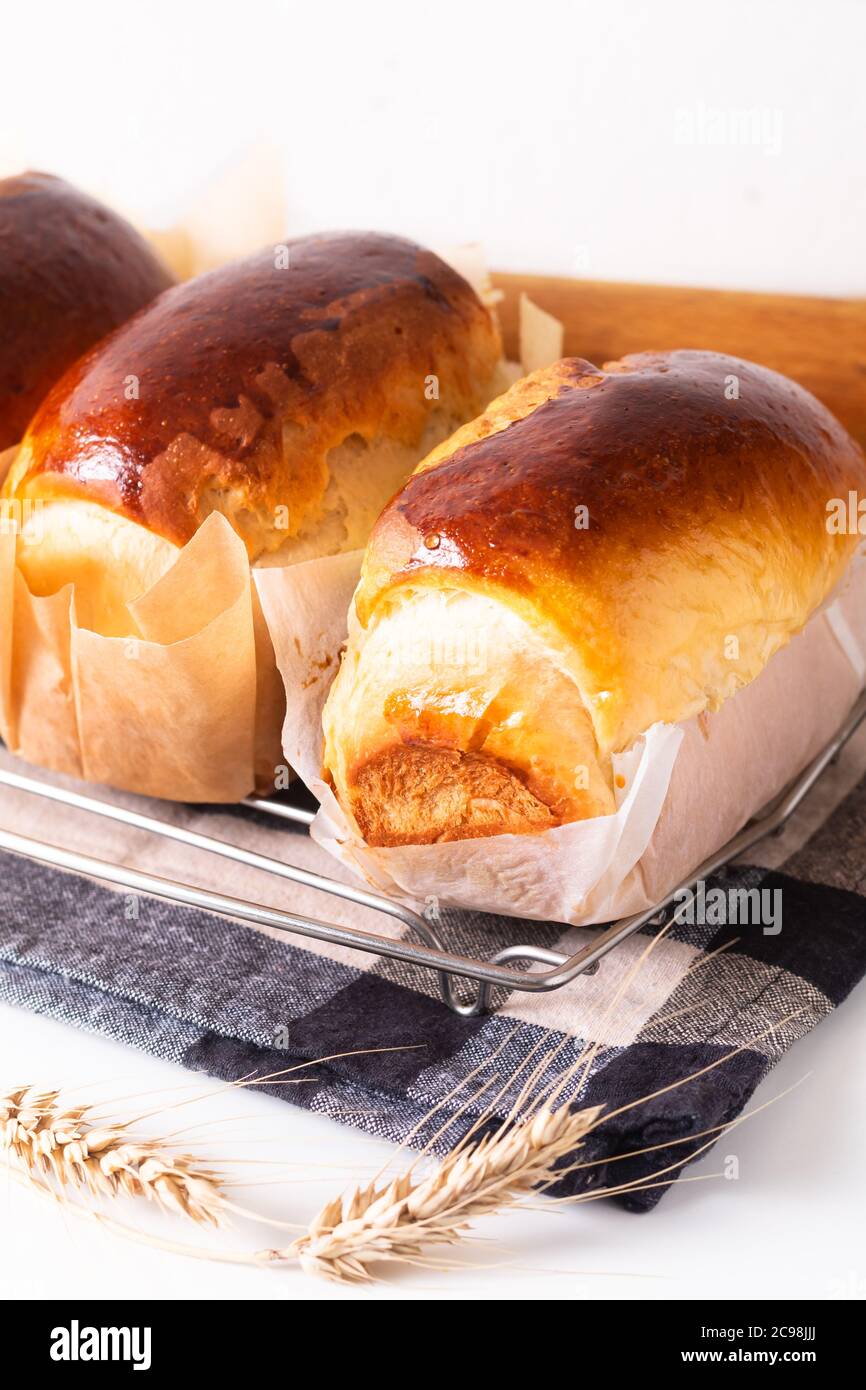 Food Baking concept Fresh baked organic homemade soft milk loaf bread with copy space Stock Photo