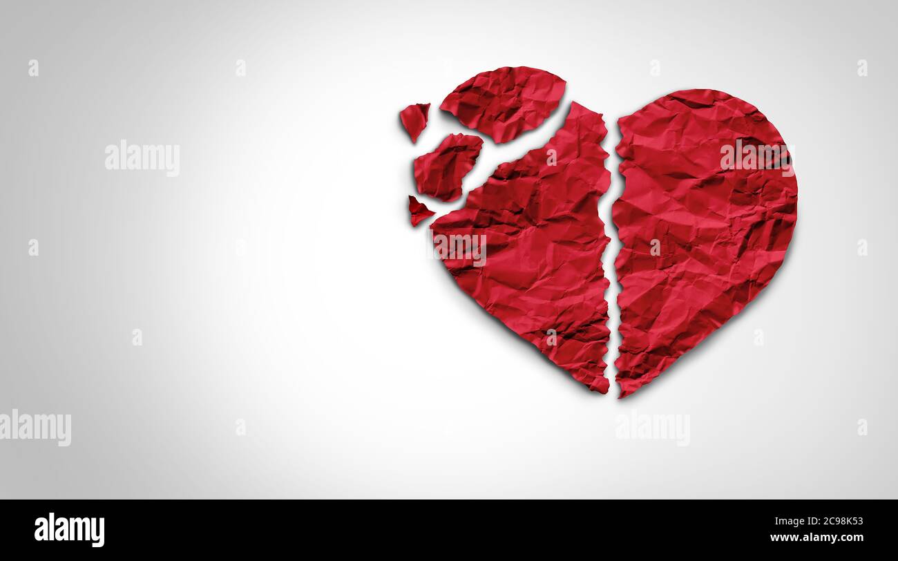 Broken heart breakup concept as a separation and divorce relationship psychology icon as red crumpled paper shaped as a love symbol or medical. Stock Photo