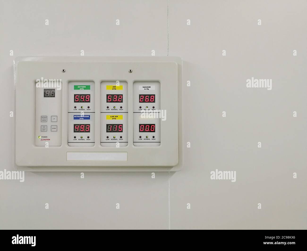 Control Panel of Pressure Regulator in operating room - Outlet of Gas Nitrous oxide Oxygen Air - Vacuum plugin on Wall Stock Photo