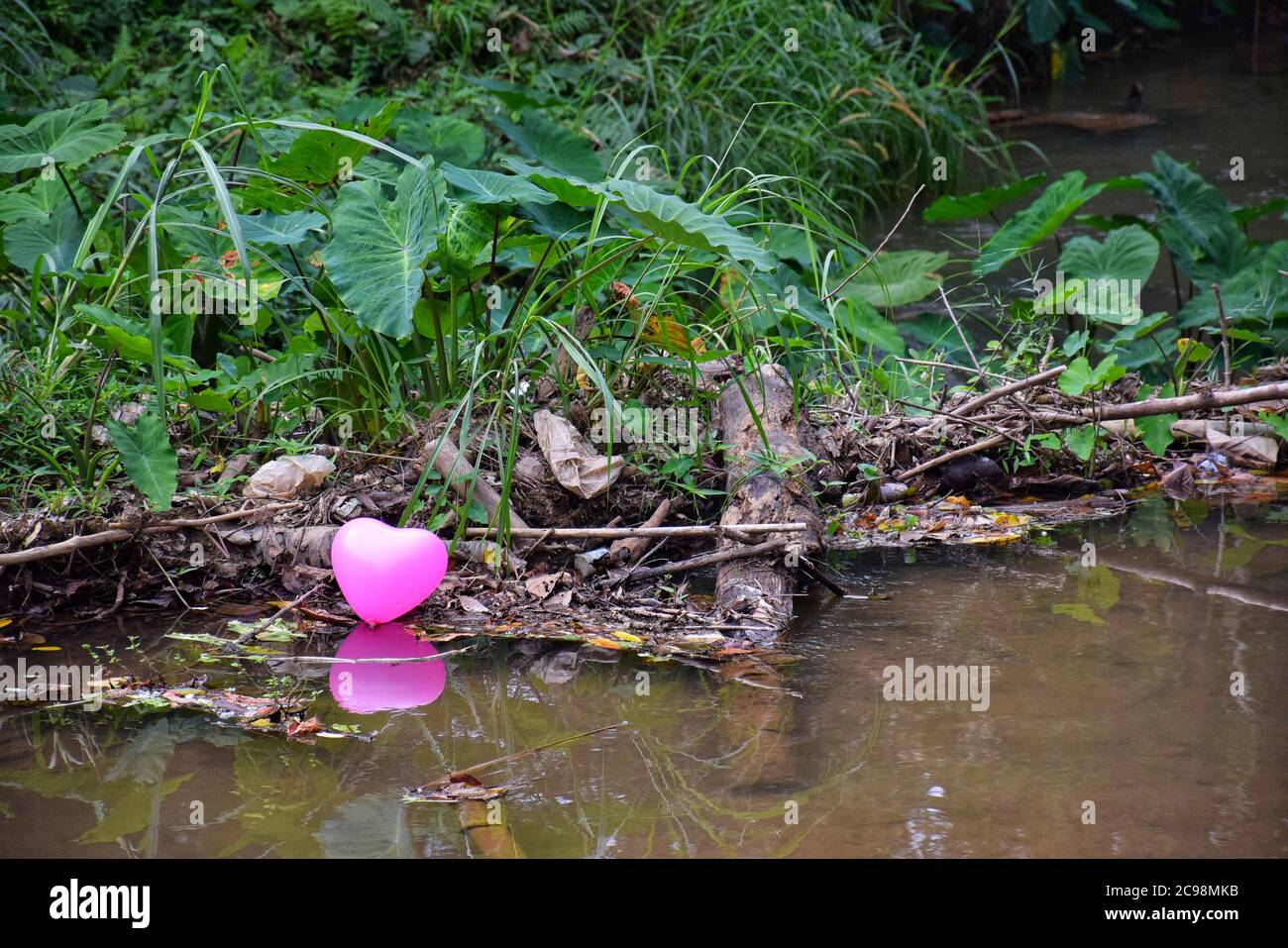 Heart balloons floating on the river polluting the environment. Stock Photo