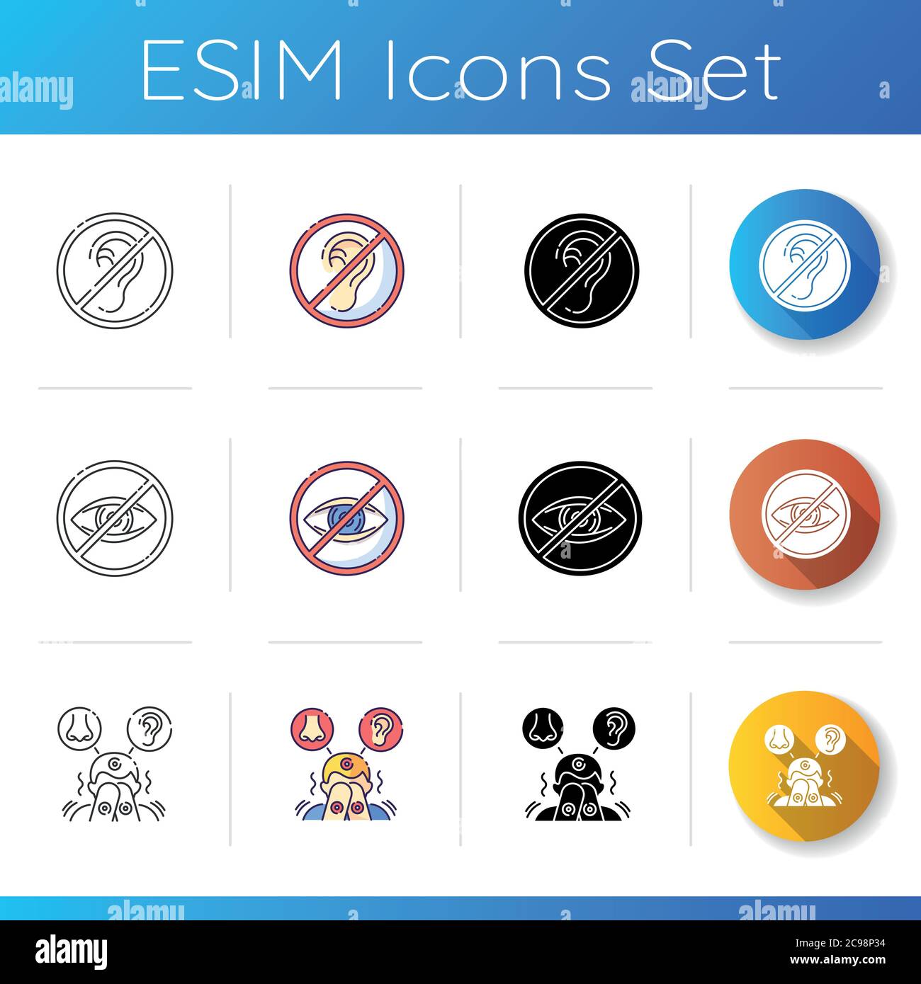 Sensory deprivation icons set. Hear impaitment. Legally blind. Lost of ...