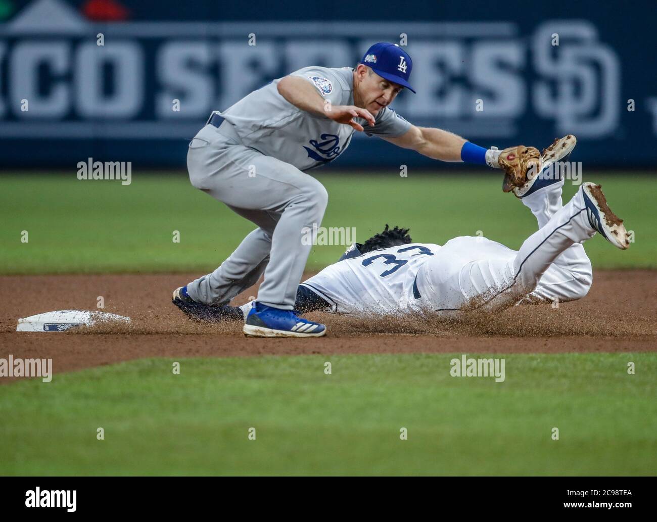 Franchy Cordero and Chase Utley.Baseball action during the Los Angeles Dodgers game against San Diego Padres, the second game of the Major League Baseball Series in Mexico, held at the Sultans Stadium in Monterrey, Mexico on Saturday, May 5, 2018 . (Photo: Luis Gutierrez)  Acciones del partido de beisbol, durante el encuentro Dodgers de Los Angeles contra Padres de San Diego, segundo juego de la Serie en Mexico de las Ligas Mayores del Beisbol, realizado en el estadio de los Sultanes de Monterrey, Mexico el sabado 5 de Mayo 2018. (Photo: Luis Gutierrez) Stock Photo