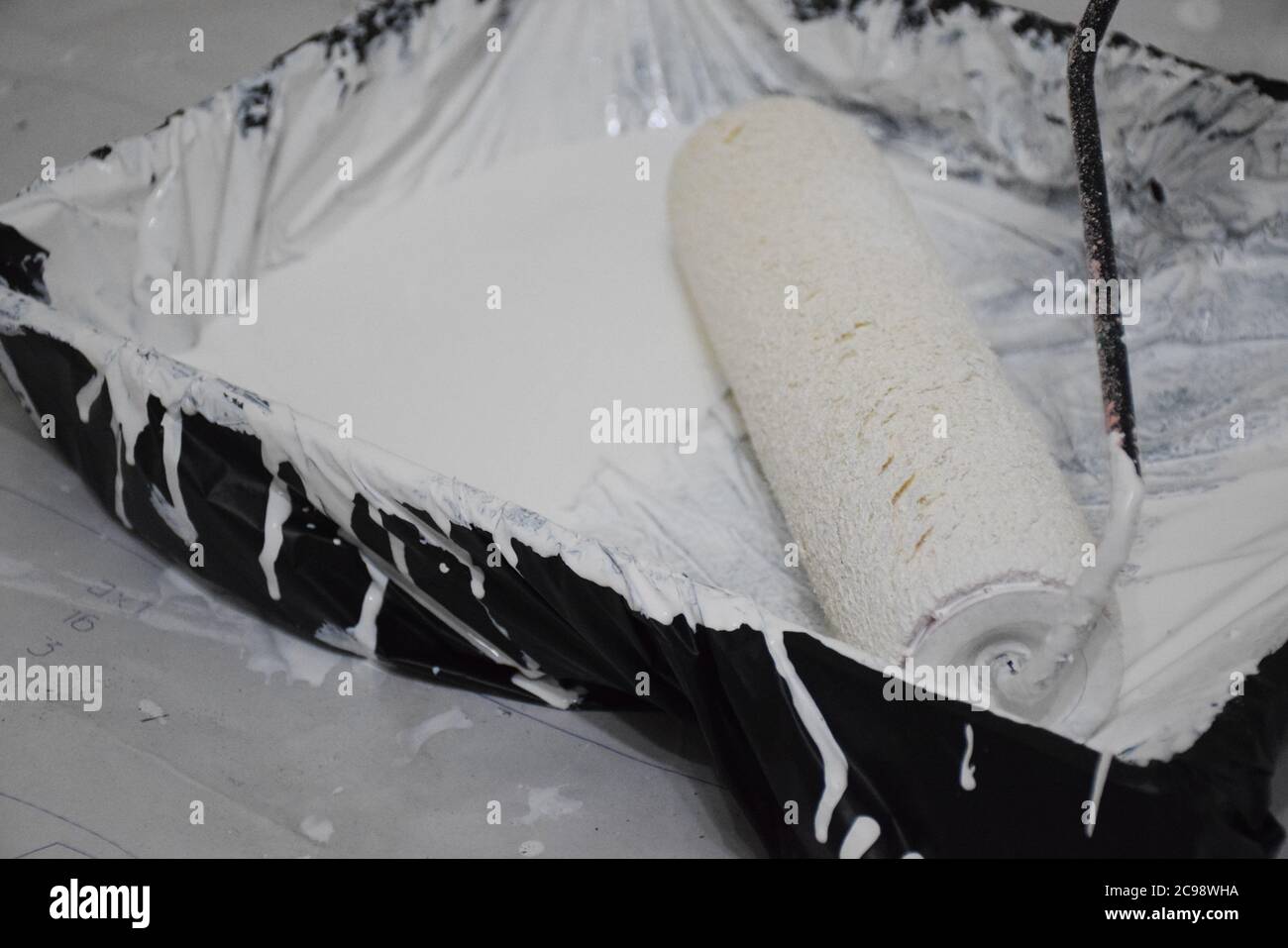 Paint Roller Brush mess up white color  on Paint Tray. Stock Photo